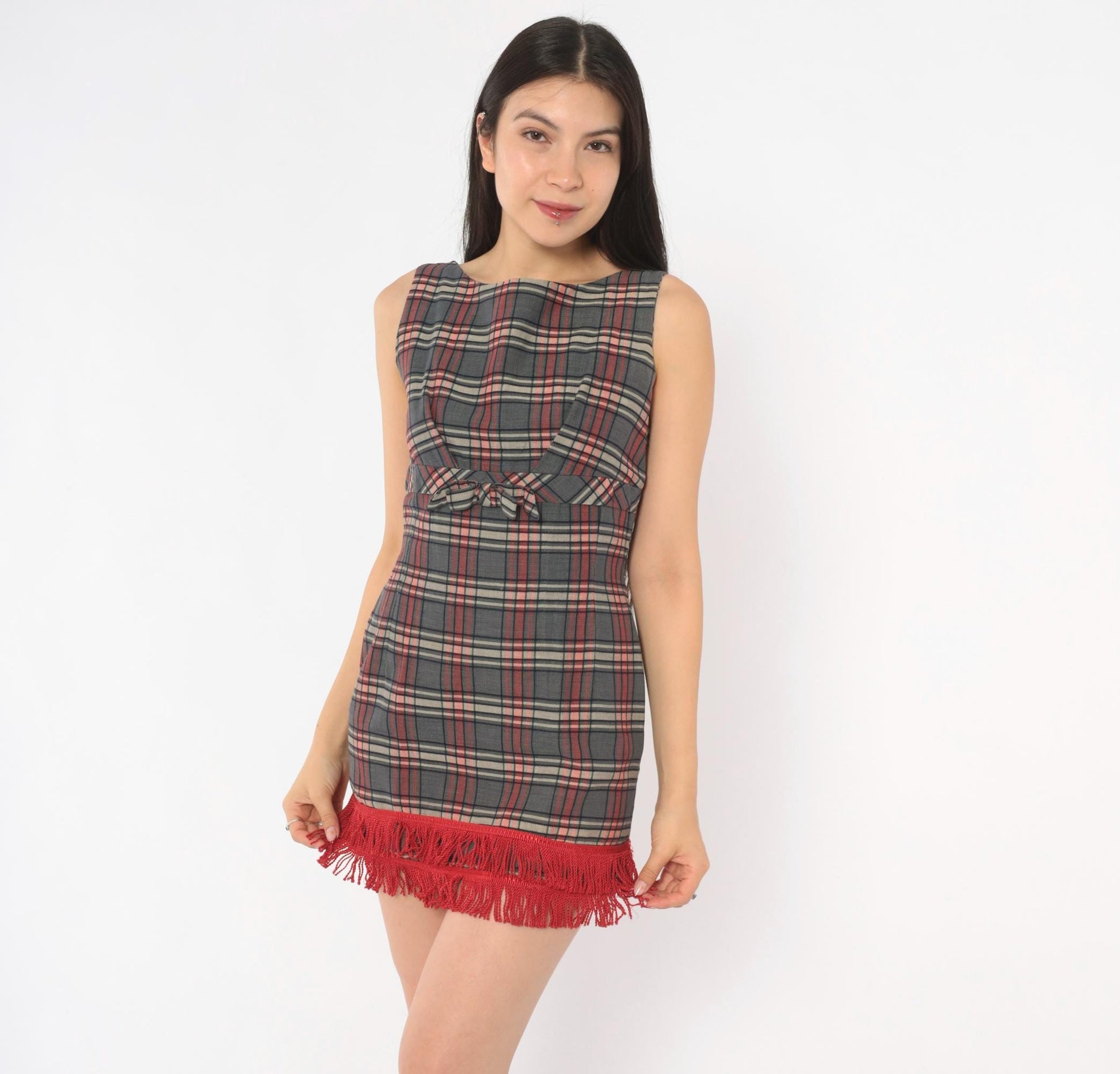 60s Plaid Mini Dress Grey Red Tartan Sleeveless Bow Empire Waist XS