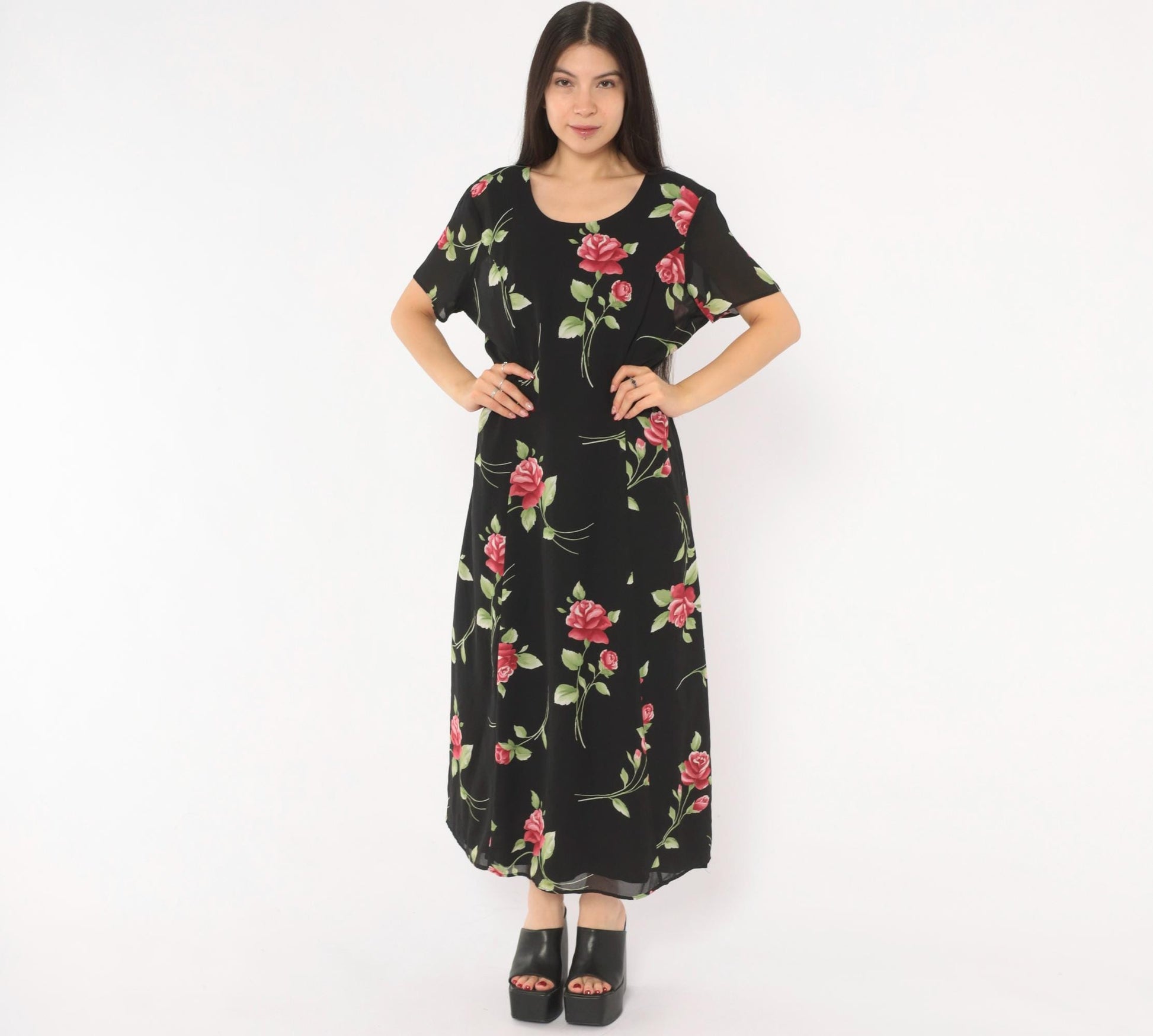 90s Black Rose Maxi Dress Floral Chiffon Scoop Neck A-Line Medium M