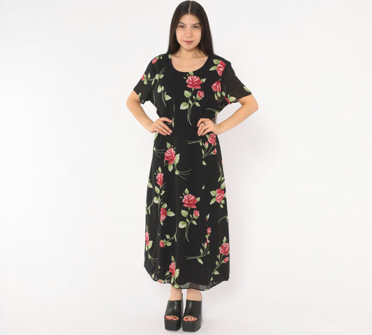 90s Black Rose Maxi Dress Floral Chiffon Scoop Neck A-Line Medium M