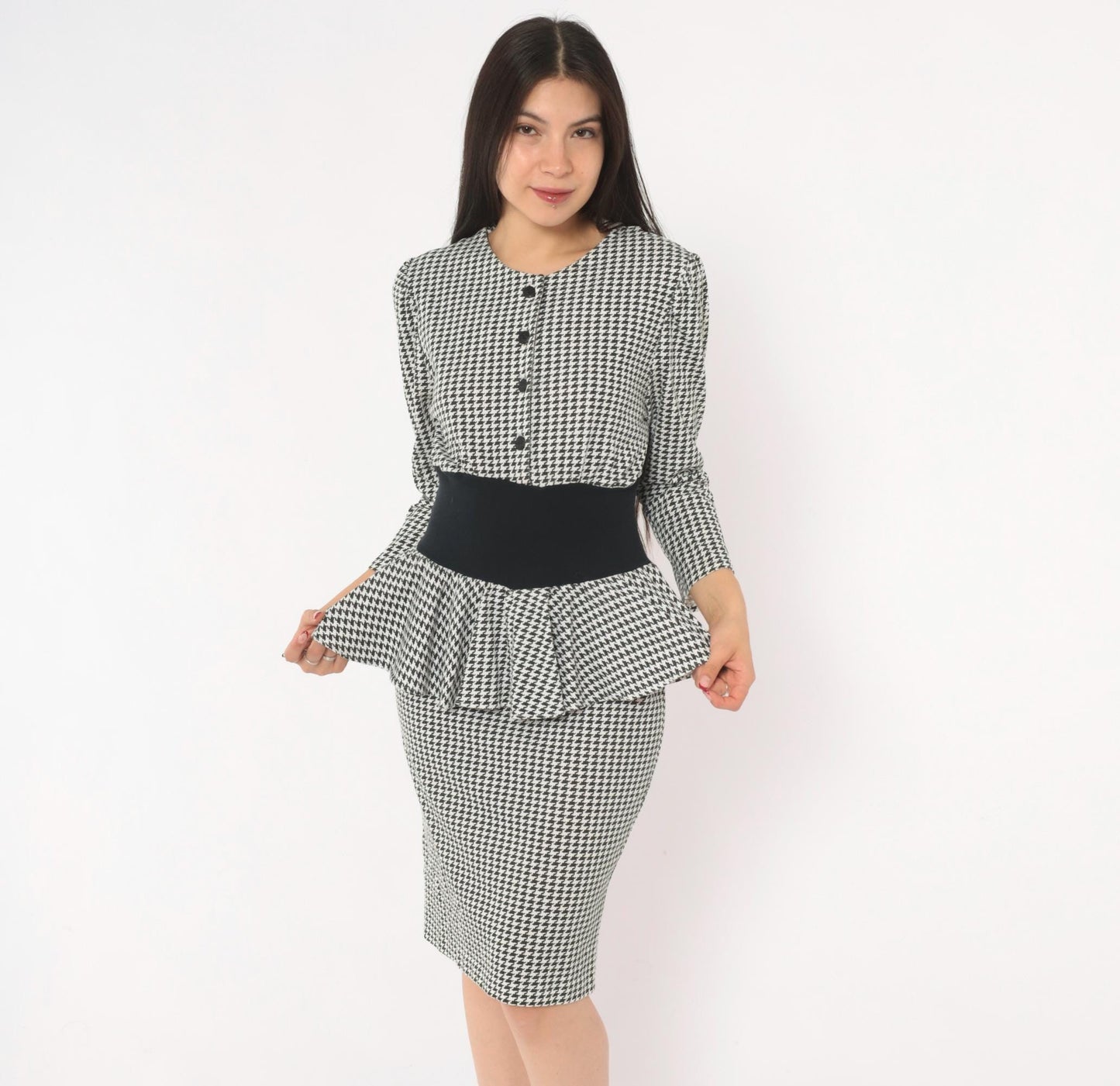 90s Breakin' Loose Houndstooth Peplum Dress Black White Check Small