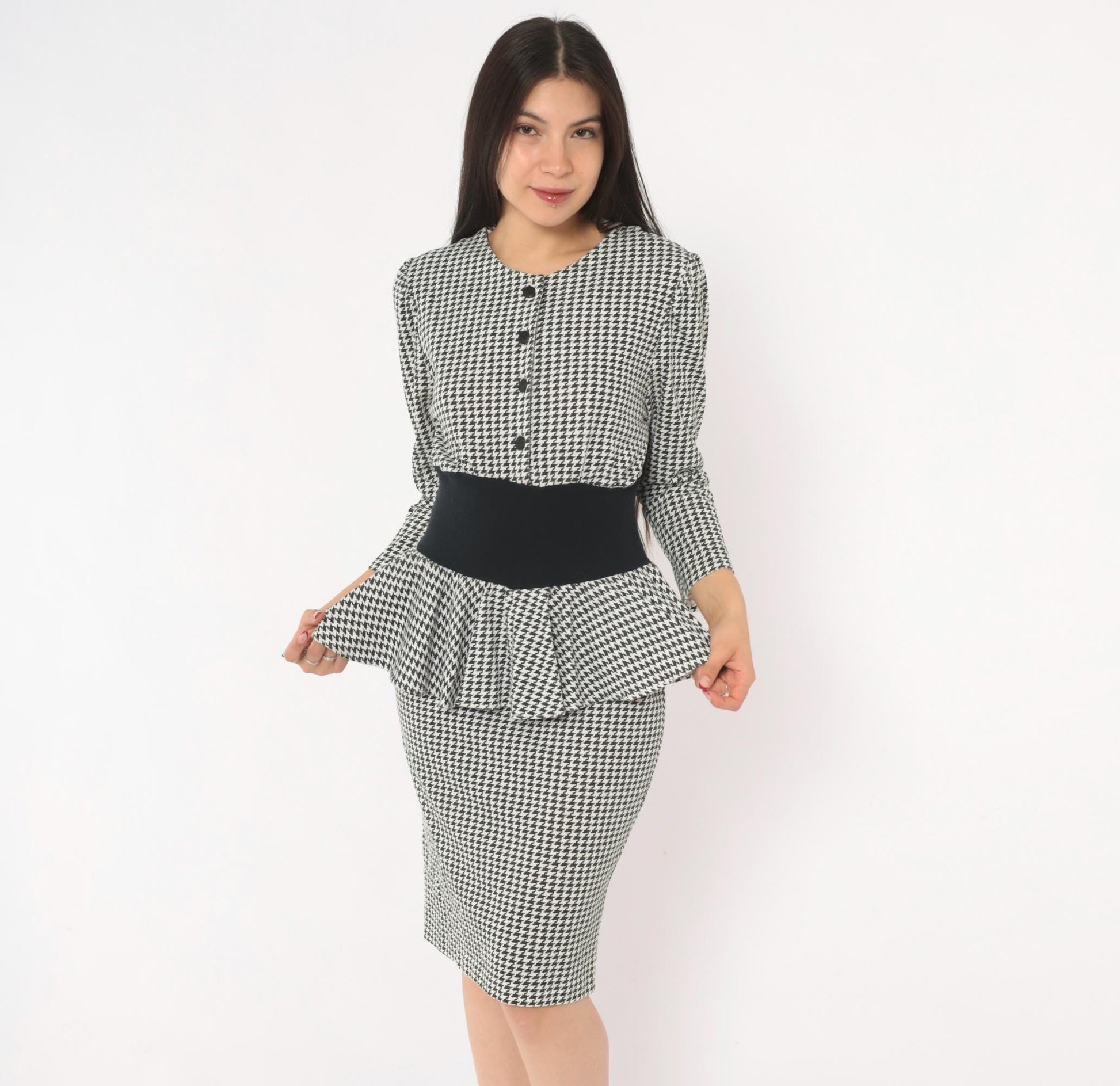 90s Breakin' Loose Houndstooth Peplum Dress Black White Check Small