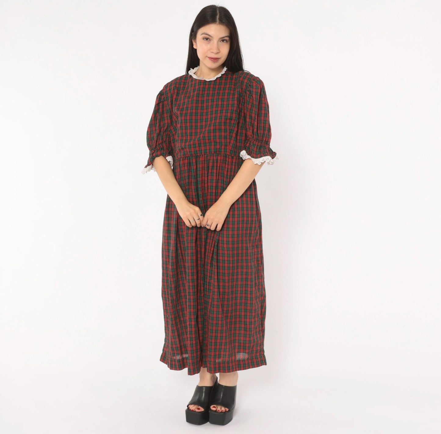 90s Red Green Tartan Maxi Dress Puff Sleeve Eyelet Lace Cotton Large L