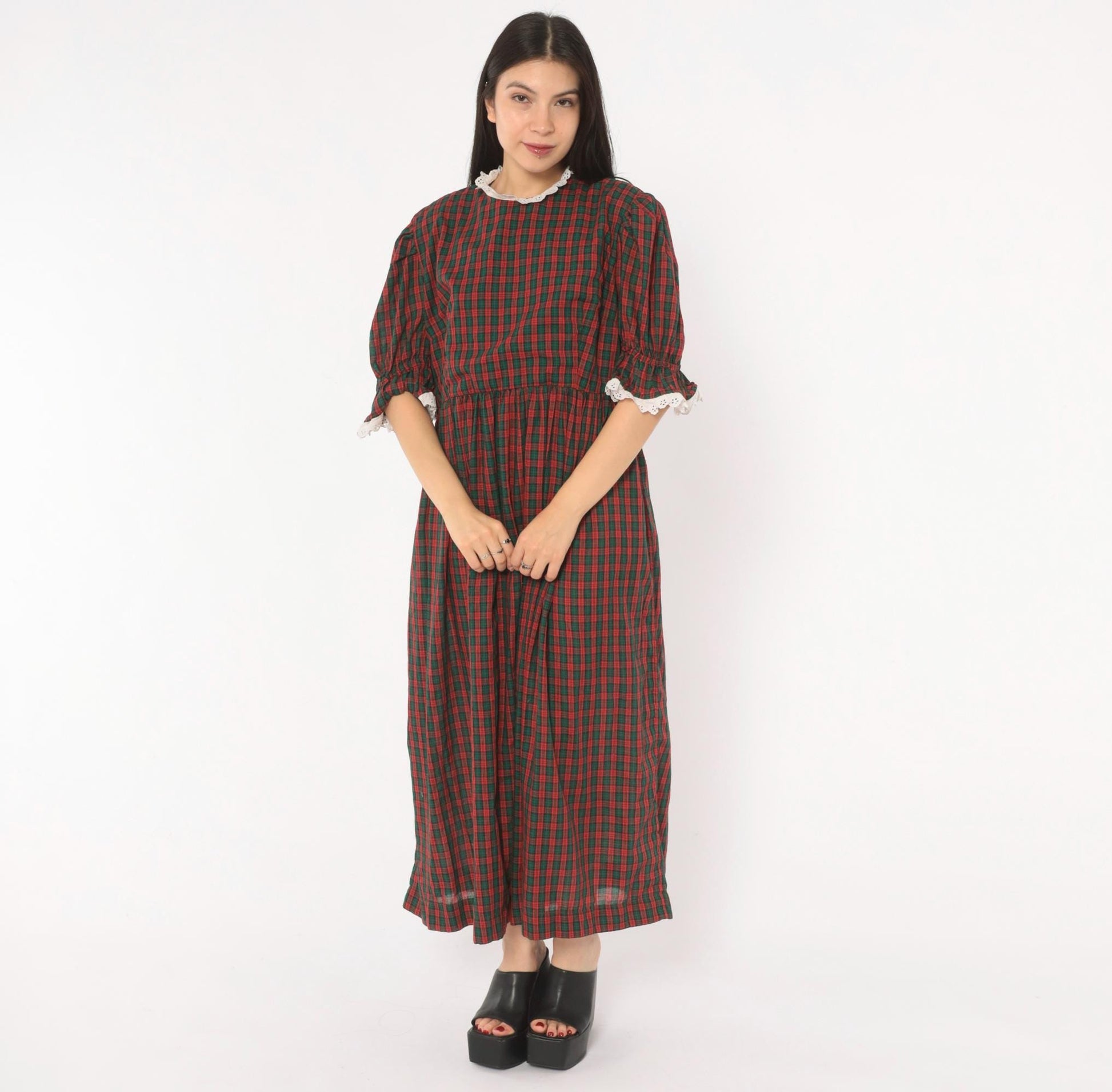 90s Red Green Tartan Maxi Dress Puff Sleeve Eyelet Lace Cotton Large L