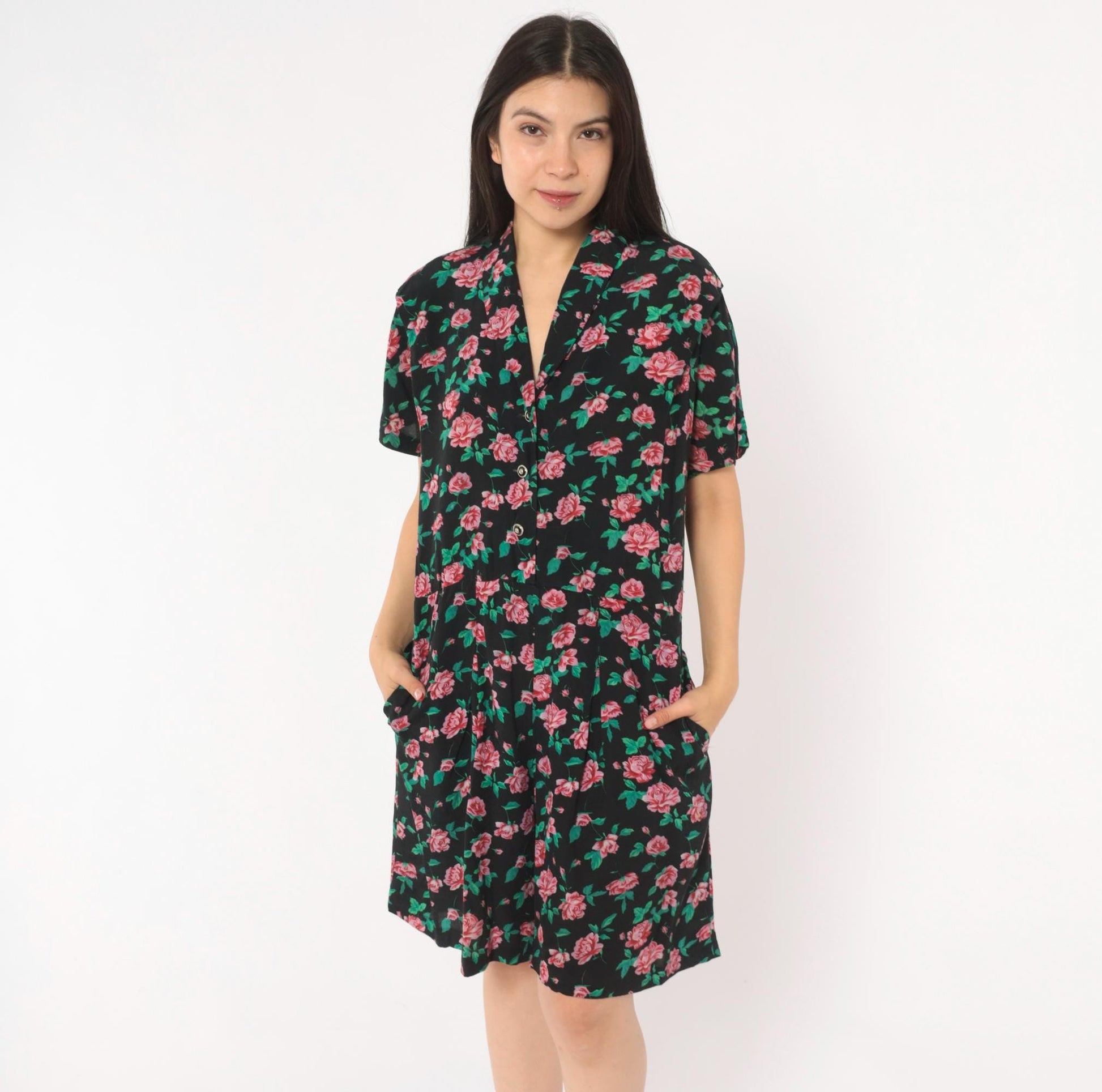 90s All That Jazz Floral Romper Black Pink Rose Print V-Neck Small S