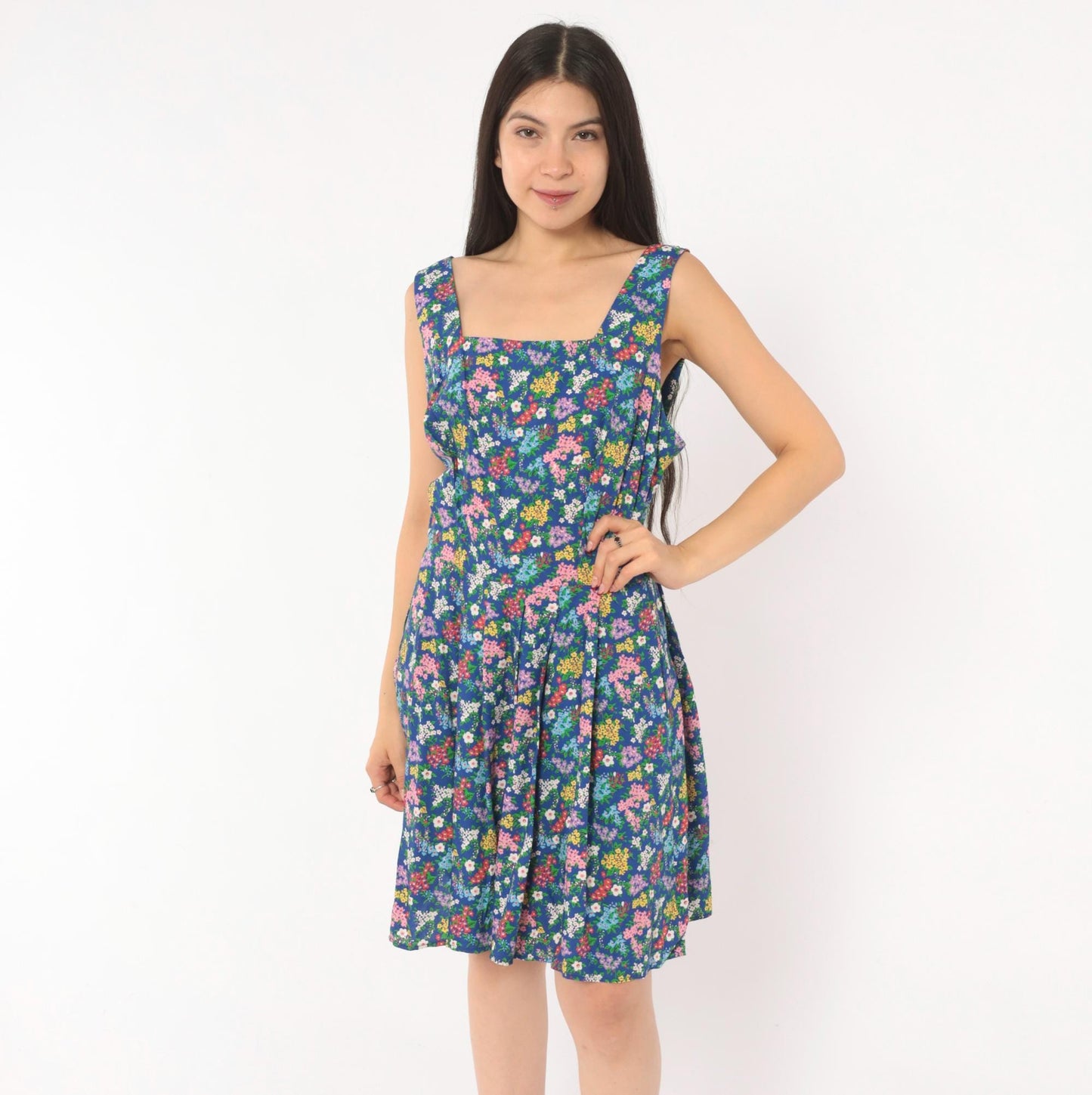 90s Liz Claiborne Floral Sundress Blue Pink Garden Print Mini Medium M