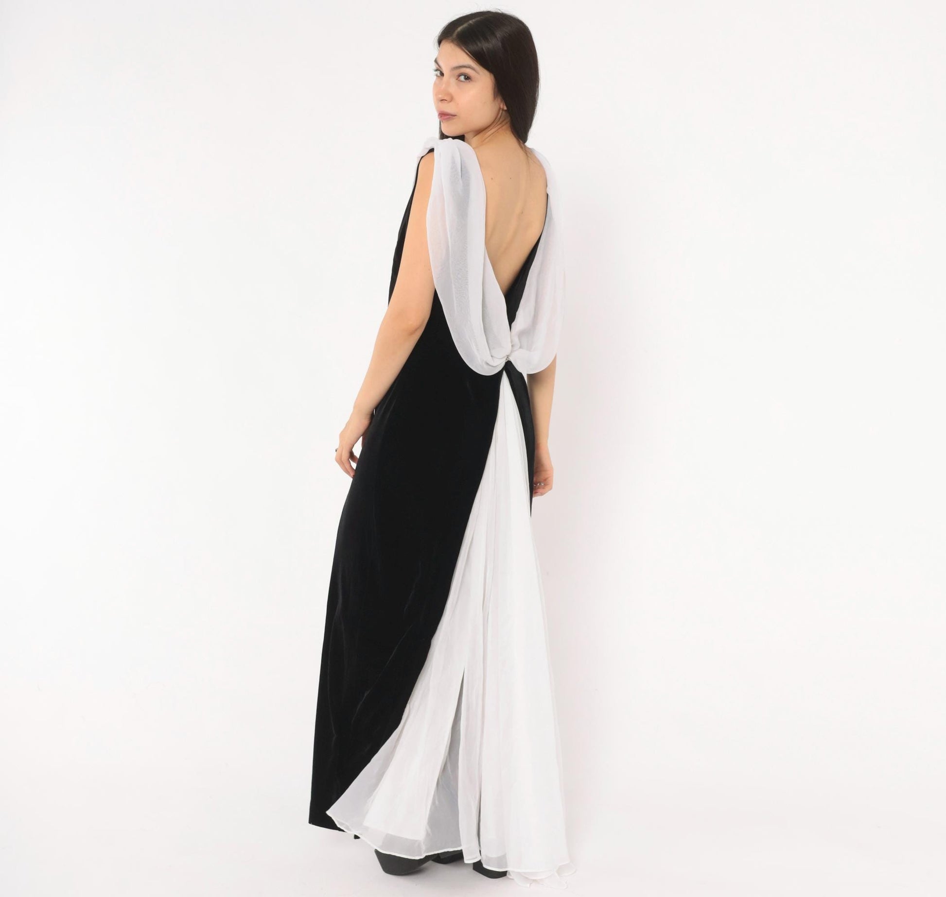 90s Night Way Black Velvet Column Gown White Chiffon Cowl Open Back Floor Length Large L