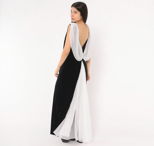 90s Night Way Black Velvet Column Gown White Chiffon Cowl Open Back Floor Length Large L