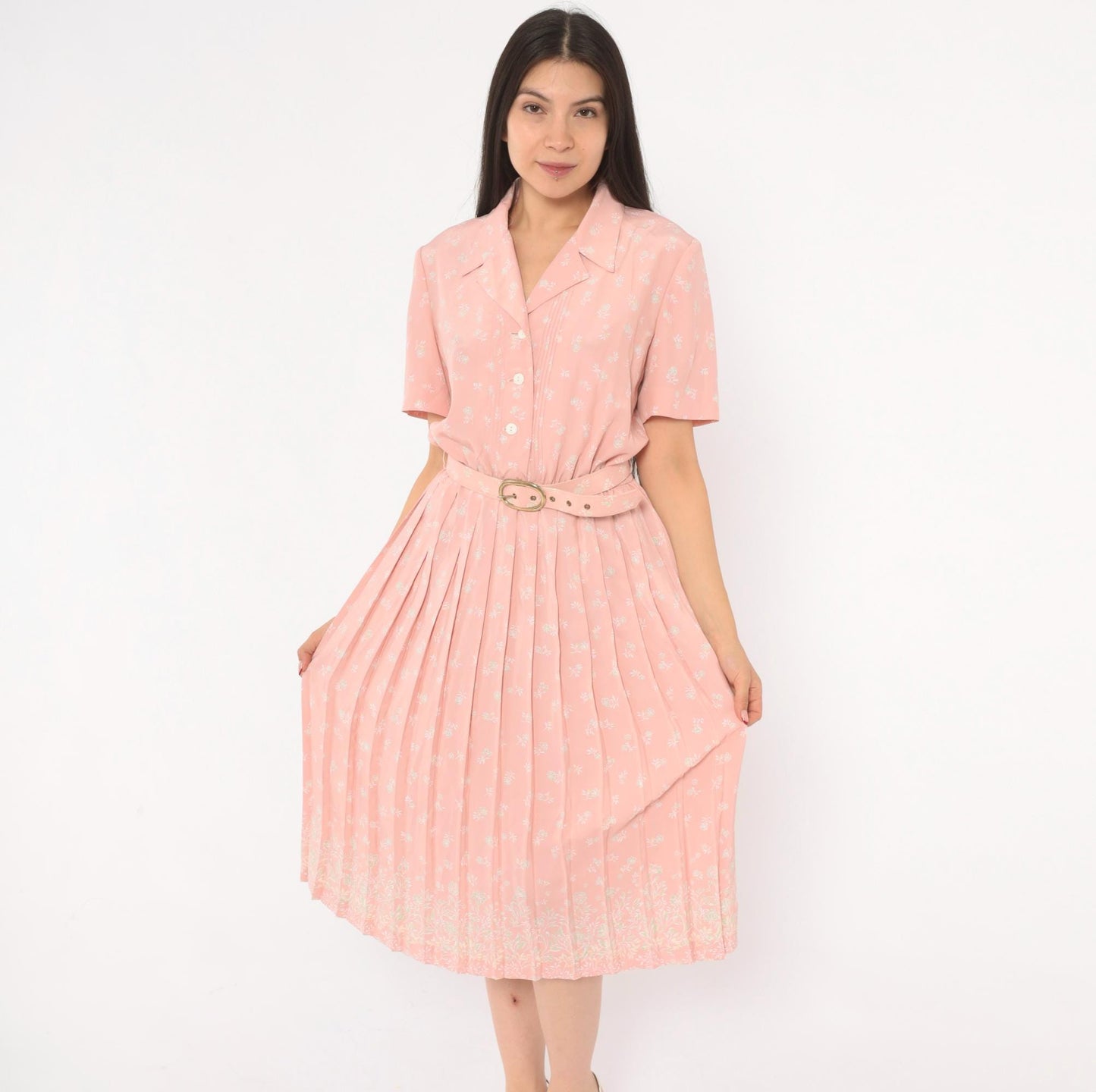 80s Leslie Fay Pink Floral Shirtdress Pleated Midi Notched Collar Small