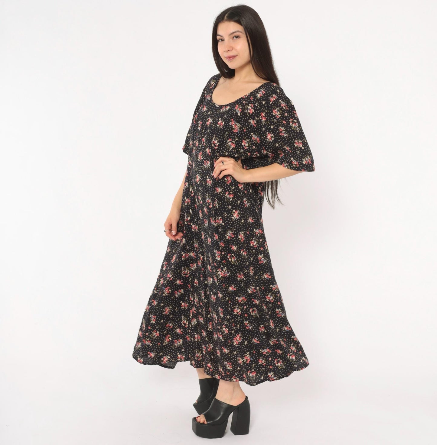 90s Jamie Brooke Black Floral Maxi Dress Pink Blue Scoop Neck Medium M