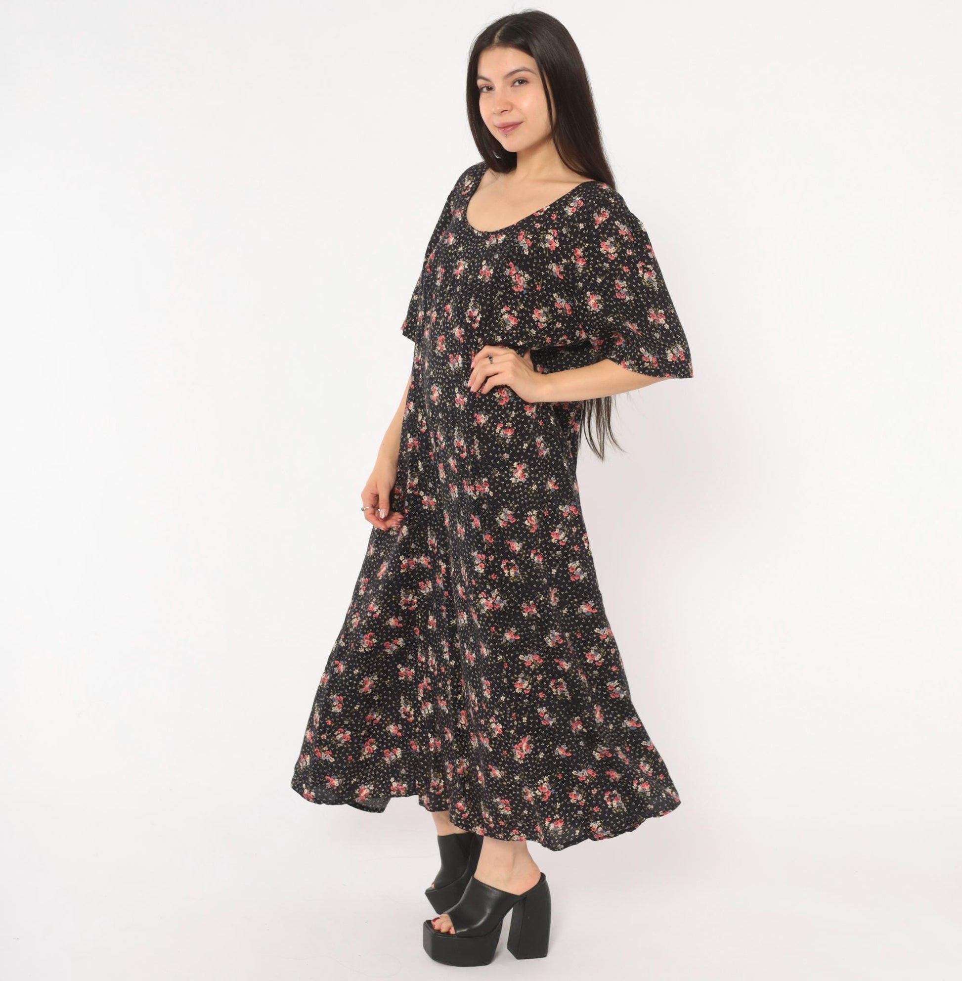 90s Jamie Brooke Black Floral Maxi Dress Pink Blue Scoop Neck Medium M