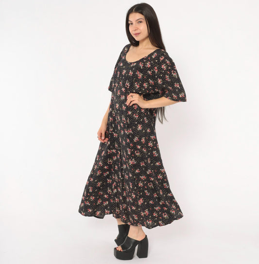 90s Jamie Brooke Black Floral Maxi Dress Pink Blue Scoop Neck Medium M