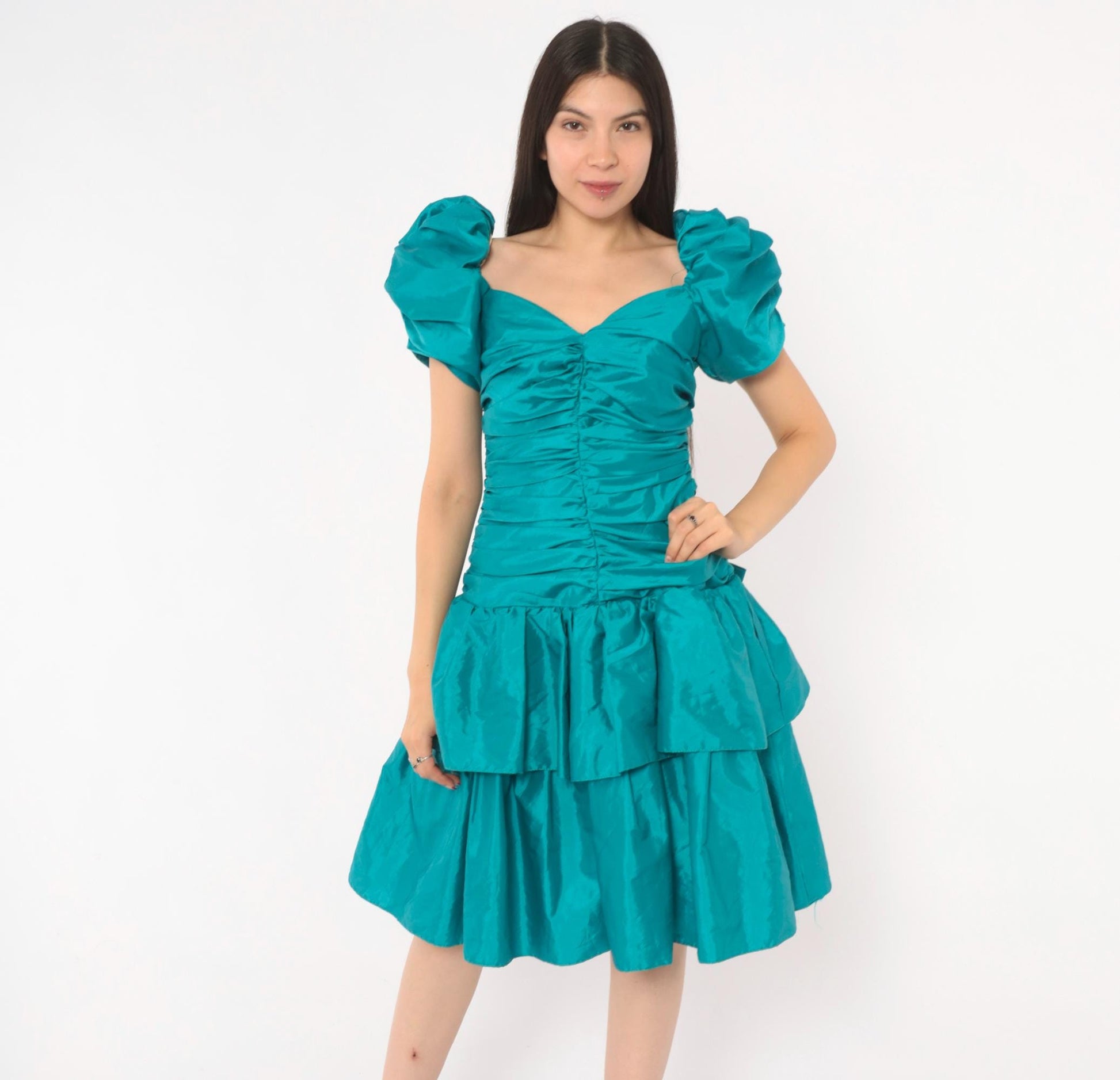 80s Teal Prom Dress Puff Sleeve Sweetheart Neckline Tiered Ruffle Skirt Small S