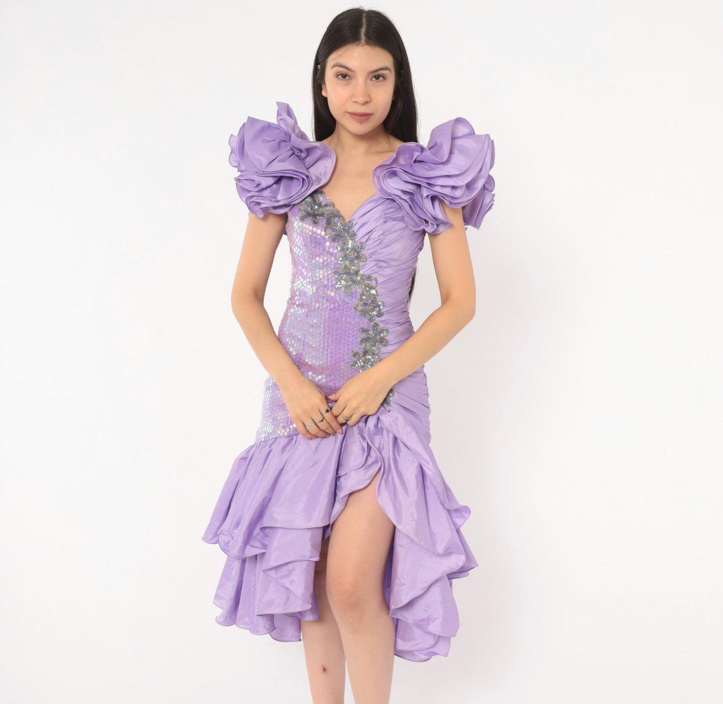 80s Alyce Designs Lilac Sequin Prom Dress Sweetheart Neckline Mermaid Hem Extra Small XS