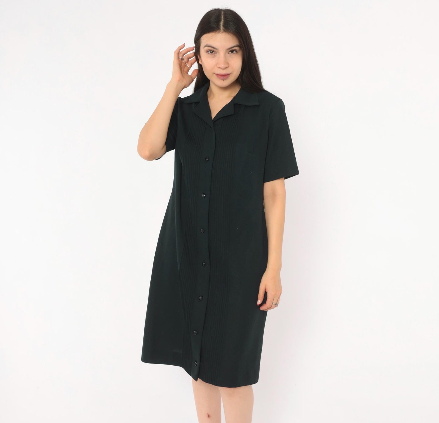 70s Black Pintuck Shirtdress Button Front Notched Collar Knee Length Large L