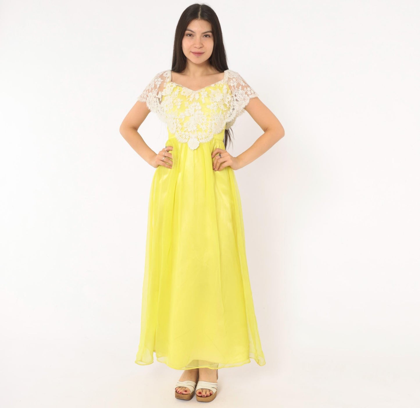 70s Yellow Chiffon Maxi Dress White Lace Overlay Empire Waist V Neck Extra Small XS