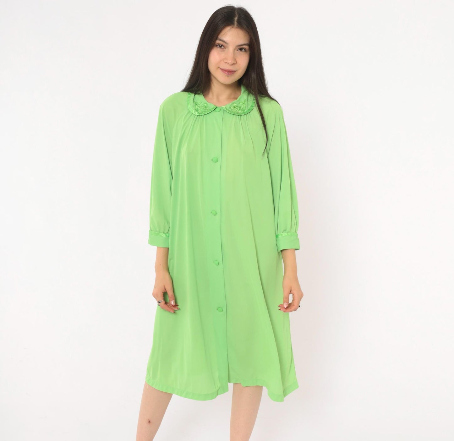 70s Mint Green Button-Front Housecoat Peter Pan Collar Satin Trim Large L