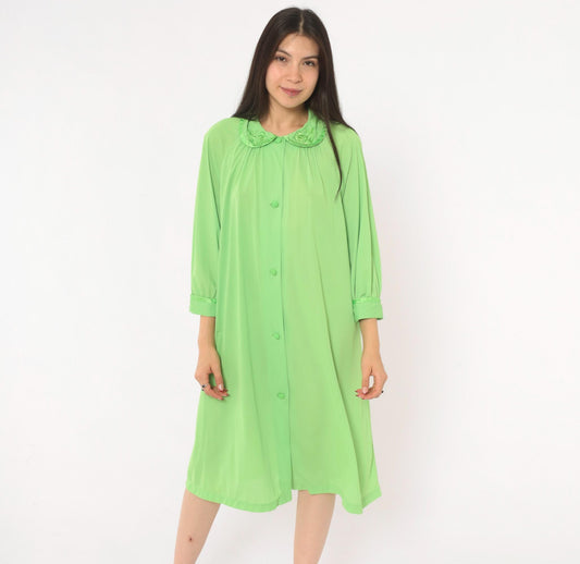 70s Mint Green Button-Front Housecoat Peter Pan Collar Satin Trim Large L