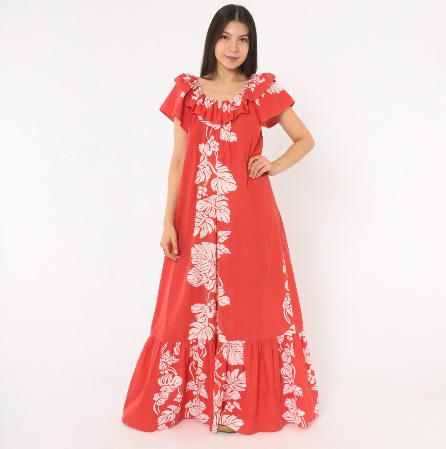 80s Hilo Hattie Hawaiian Muumuu Red Monstera Floral Maxi Dress Large