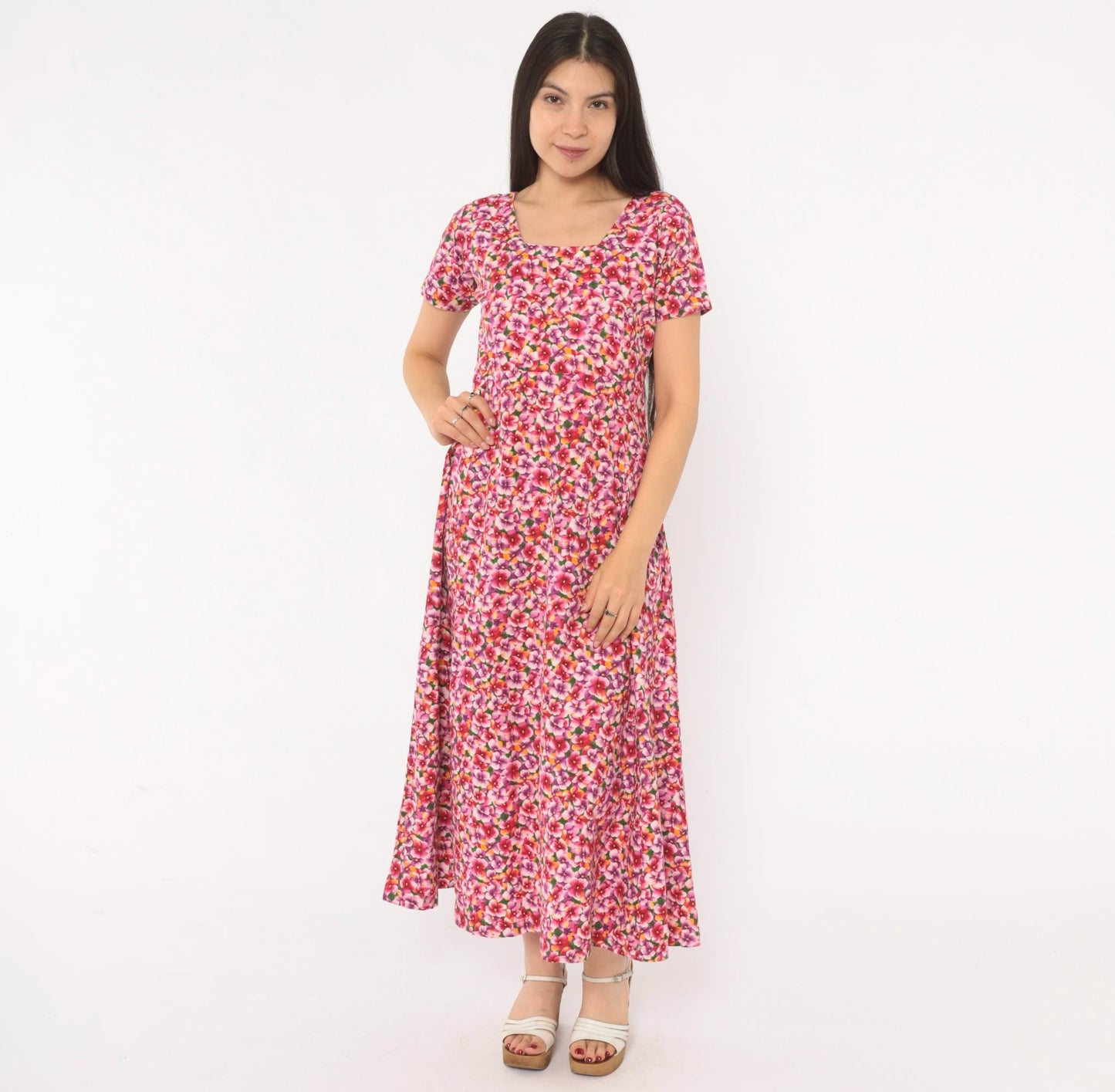 90s Pink Purple Floral Maxi Dress Cotton Scoop Neck A-Line Small