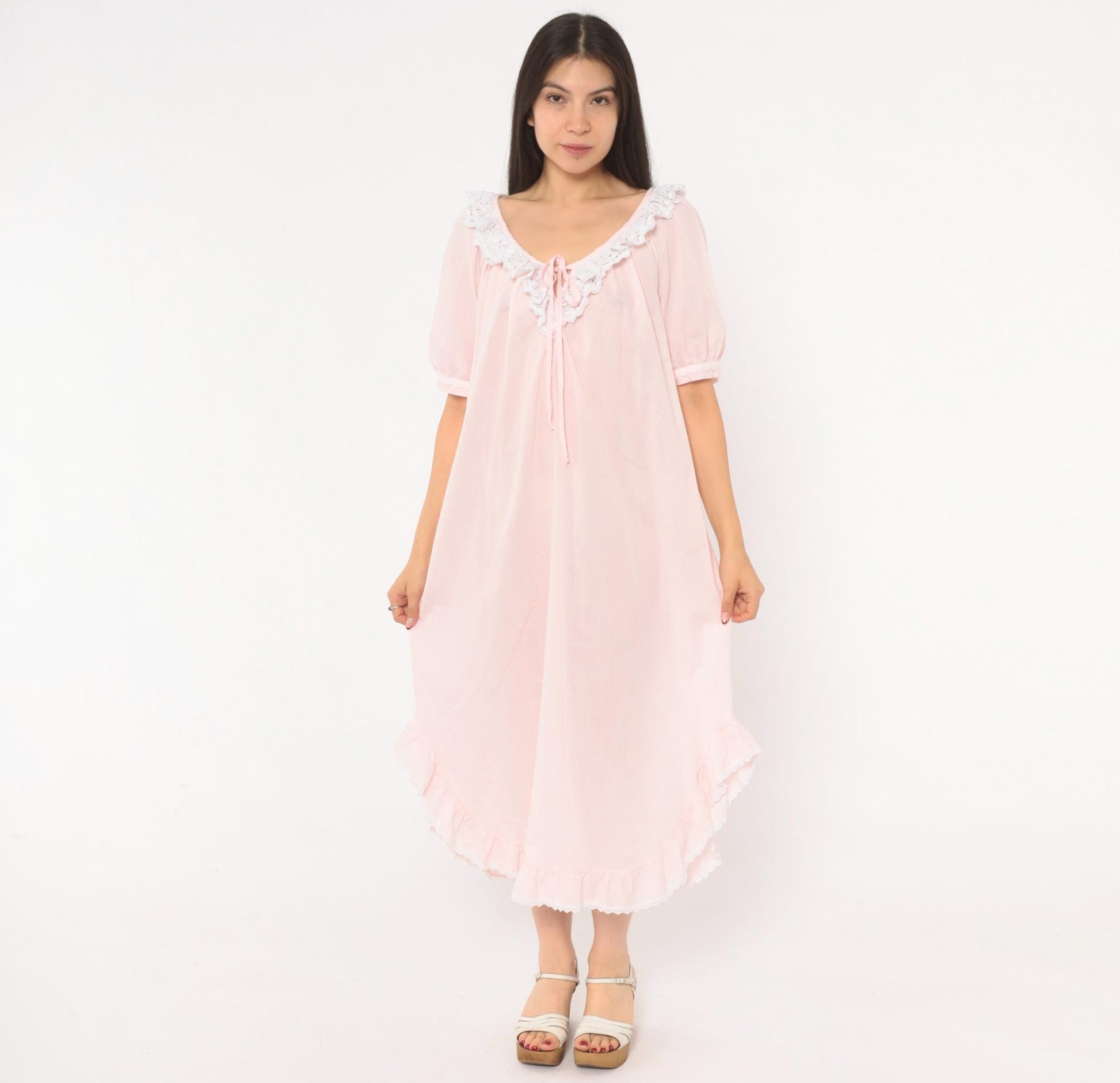 90s Apostrophe Pink Lace Nightgown Puff Sleeve Tie Front Medium M