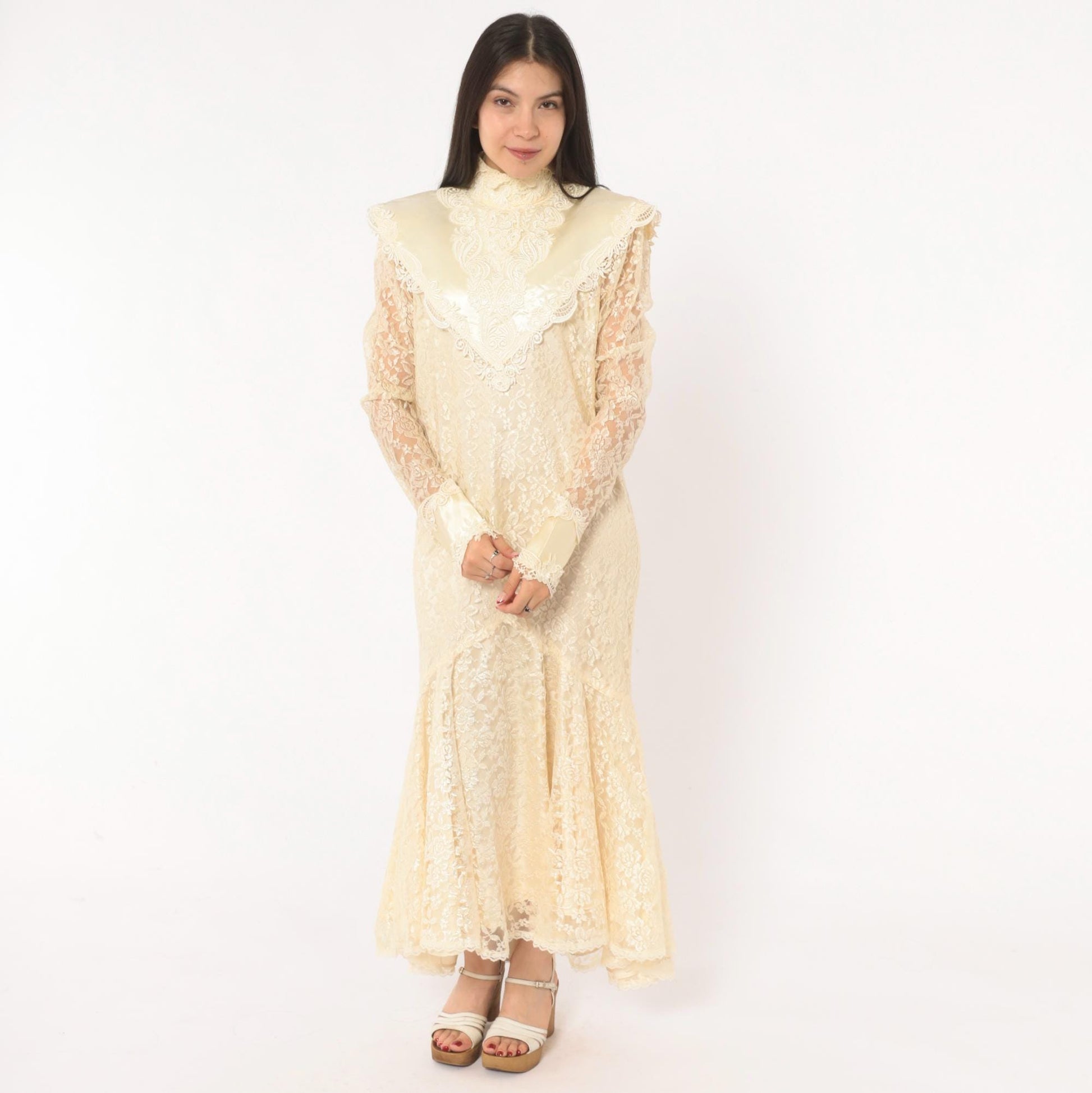 80s Jessica Mclintock Cream Lace Mermaid Wedding Dress High Neck Satin Bib Medium M