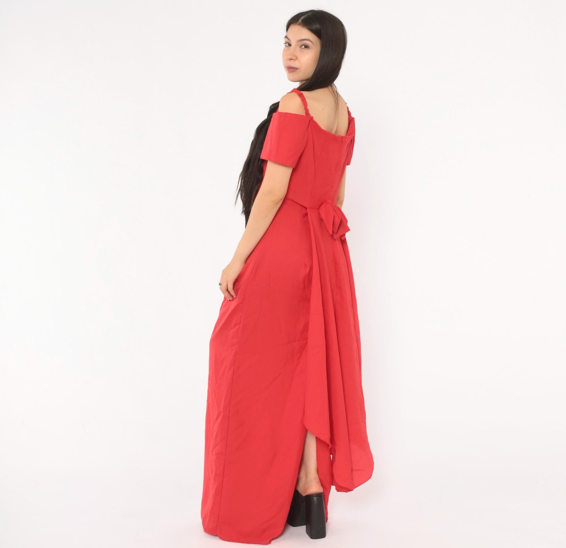 90s Red Off-Shoulder Maxi Gown Spaghetti Strap Bow Back Medium M