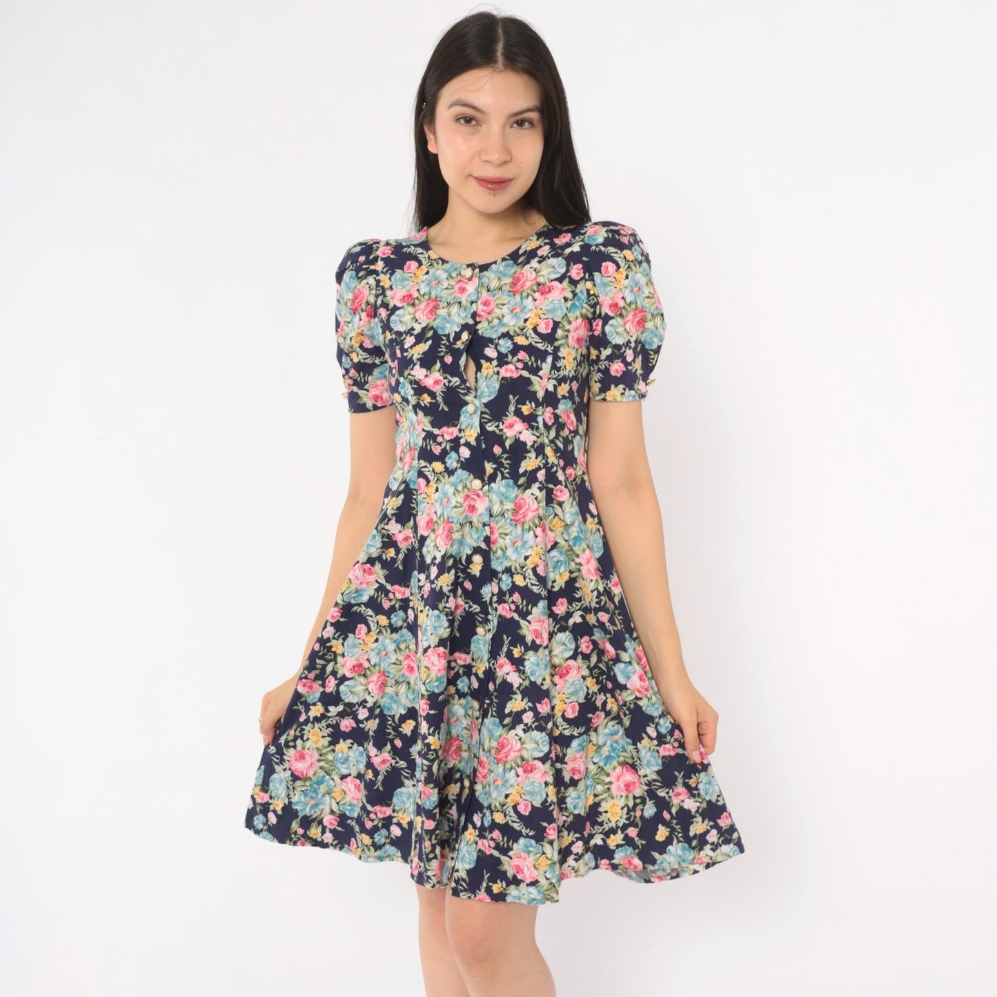 90s Sweet Soda Floral Mini Dress Navy Puff Sleeve Lace-Up Cotton XXS