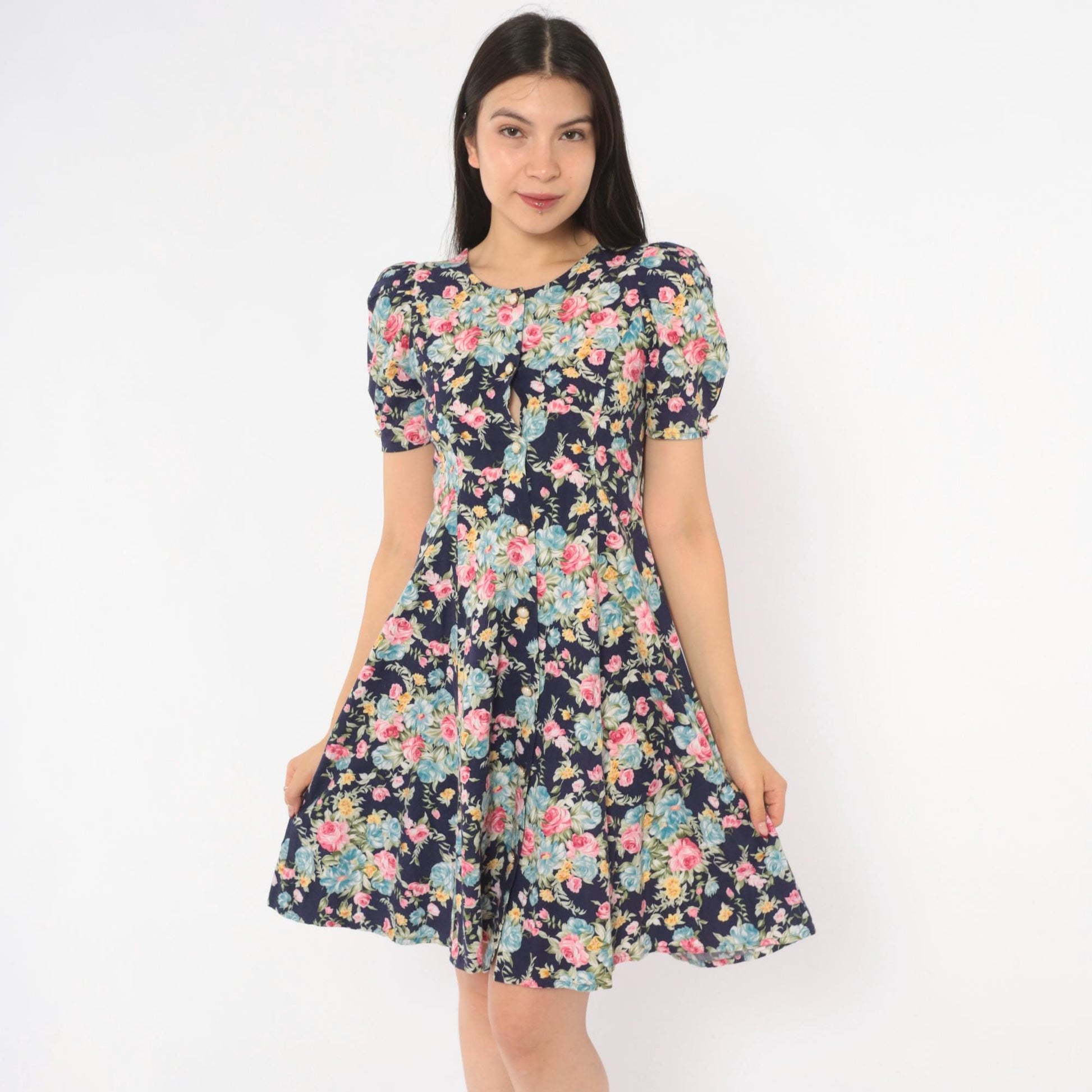 90s Sweet Soda Floral Mini Dress Navy Puff Sleeve Lace-Up Cotton XXS