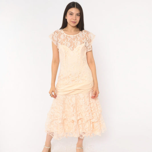 80s Peach Lace Midi Dress Drop Waist Sweetheart Neckline Cap Sleeve Small S