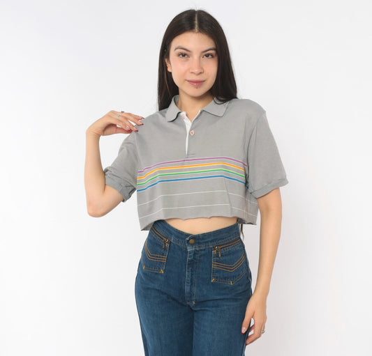 80s Rainbow Stripe Crop Polo Grey Cotton Short Sleeve Medium M