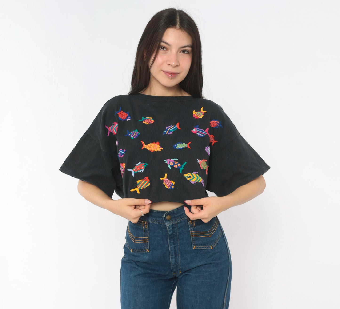 90s Las Manos Embroidered Fish Crop Top Black Cotton Rainbow Tropical Medium