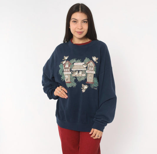 90s Morning Sun Bird Birdhouse Navy Sweatshirt Burgundy Collar Extra Large
