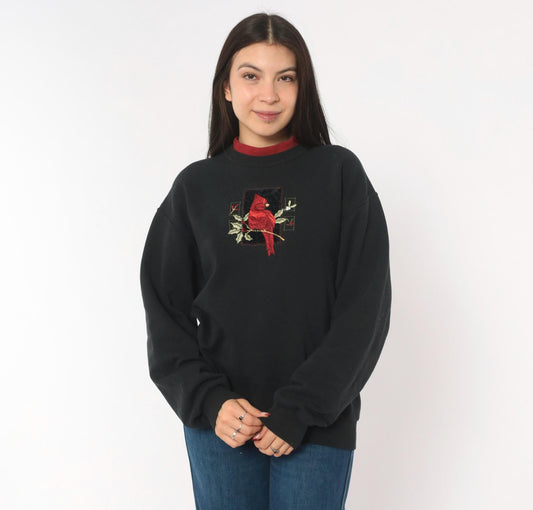 90s Cardinal Embroidered Black Sweatshirt Holly Branch Cotton Top Stitch Medium