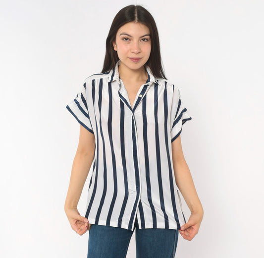 80s Navy White Striped Camp Collar Blouse Button Front Medium