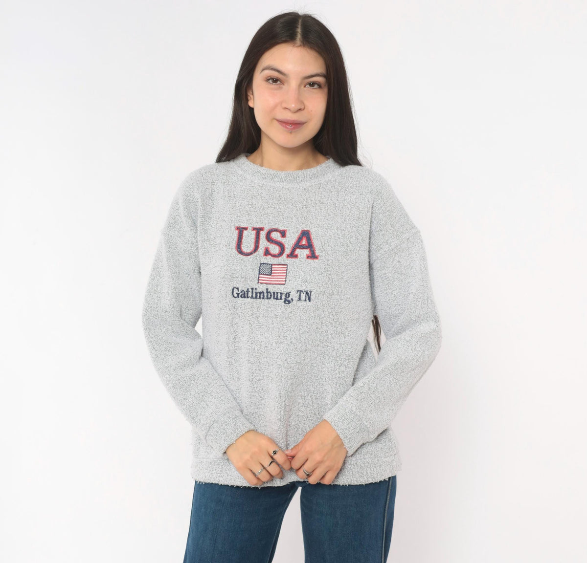 90s Gatlinburg Tennessee USA Flag Embroidered Grey Knit Pullover Medium M