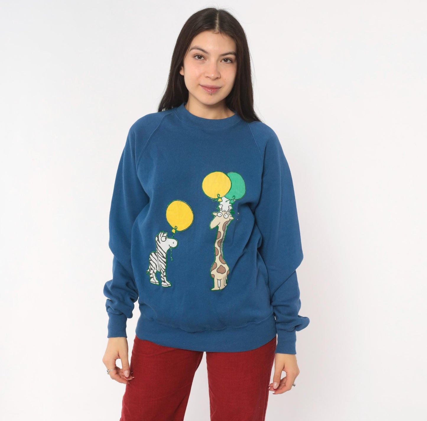 90s Jerzees Zebra Giraffe Balloon Sweatshirt Blue Raglan Applique Cotton Large