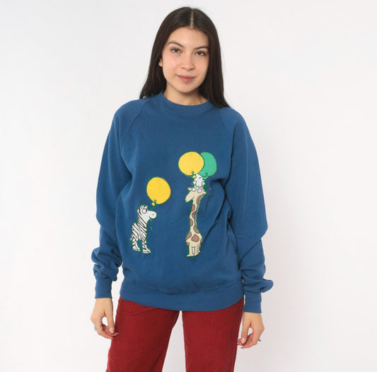 90s Jerzees Zebra Giraffe Balloon Sweatshirt Blue Raglan Applique Cotton Large