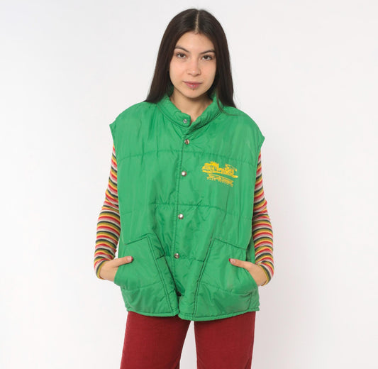 80s Green Puffer Vest San Luis Transport Graphic Snap Front Quilted Medium