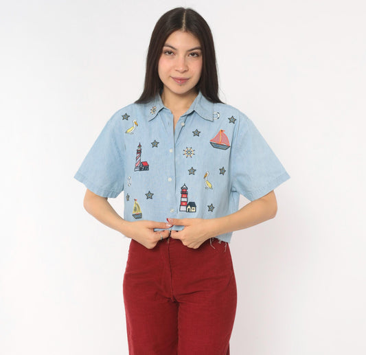 90s Karen Scott Nautical Embroidered Chambray Crop Top Blue Small