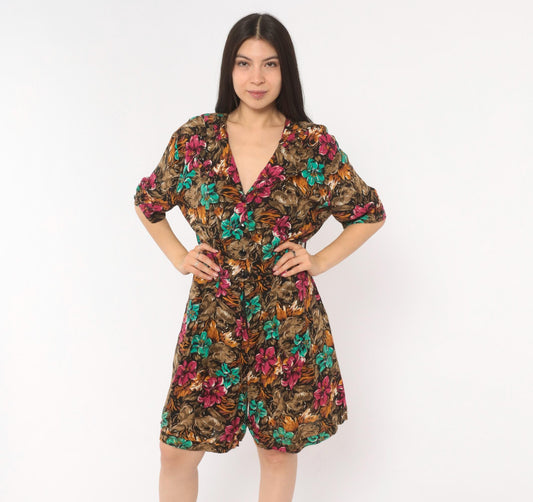 90s Joni Blair Floral Romper Tropical Print Short Sleeve Medium M