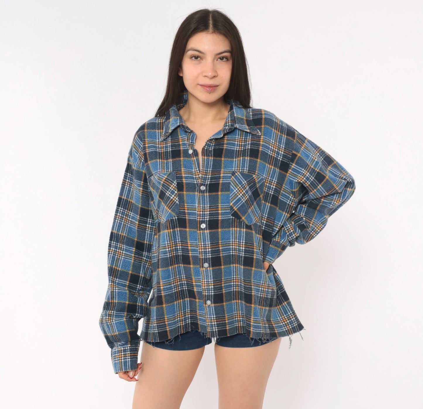 90s Montgomery Ward Flannel Shirt Blue Plaid Cotton Distressed Large L