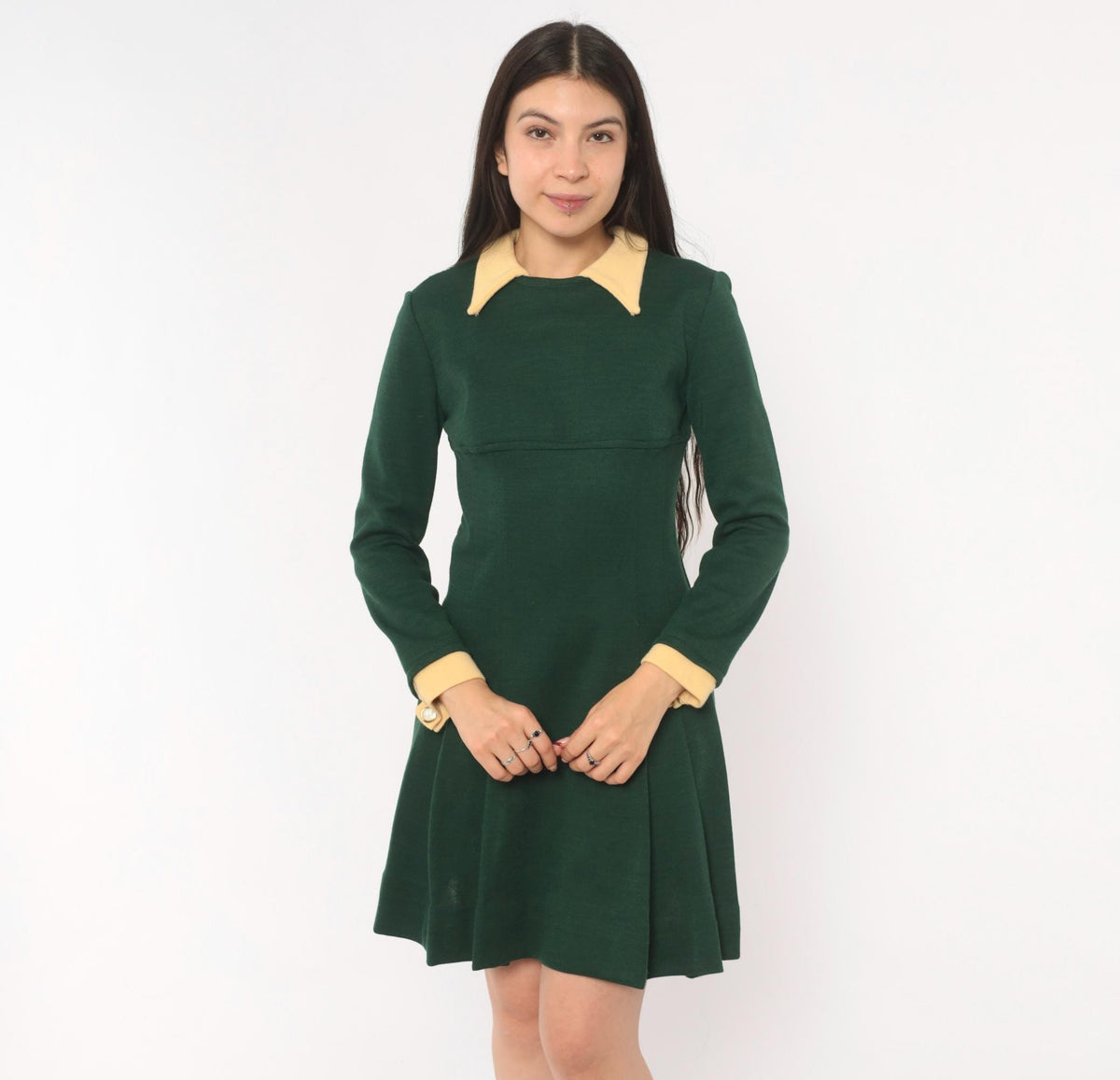 1960s Mod Mini Dress Olive Wool Pointed Collar Cream Long Sleeve Small