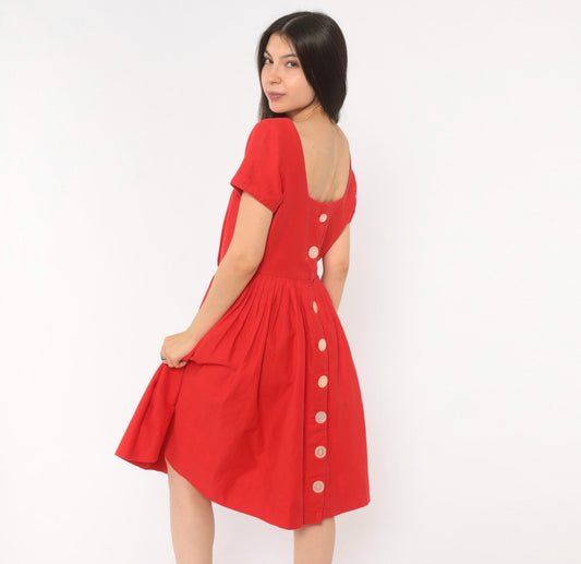 60s Frolic Time California Red Fit And Flare Dress Square Neckline Small S