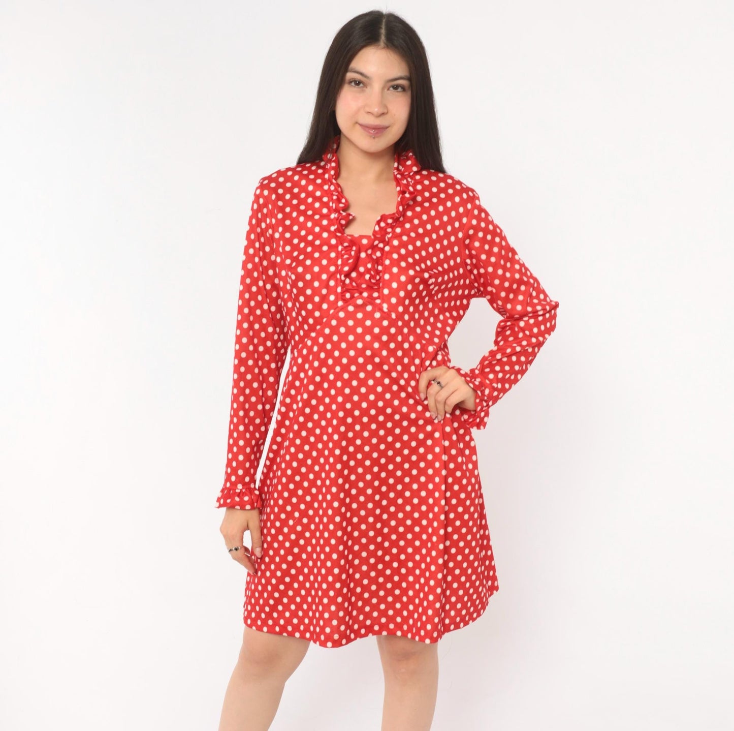 70s Red White Polka Dot Dress Long Sleeve V Neck Ruffle A Line Large