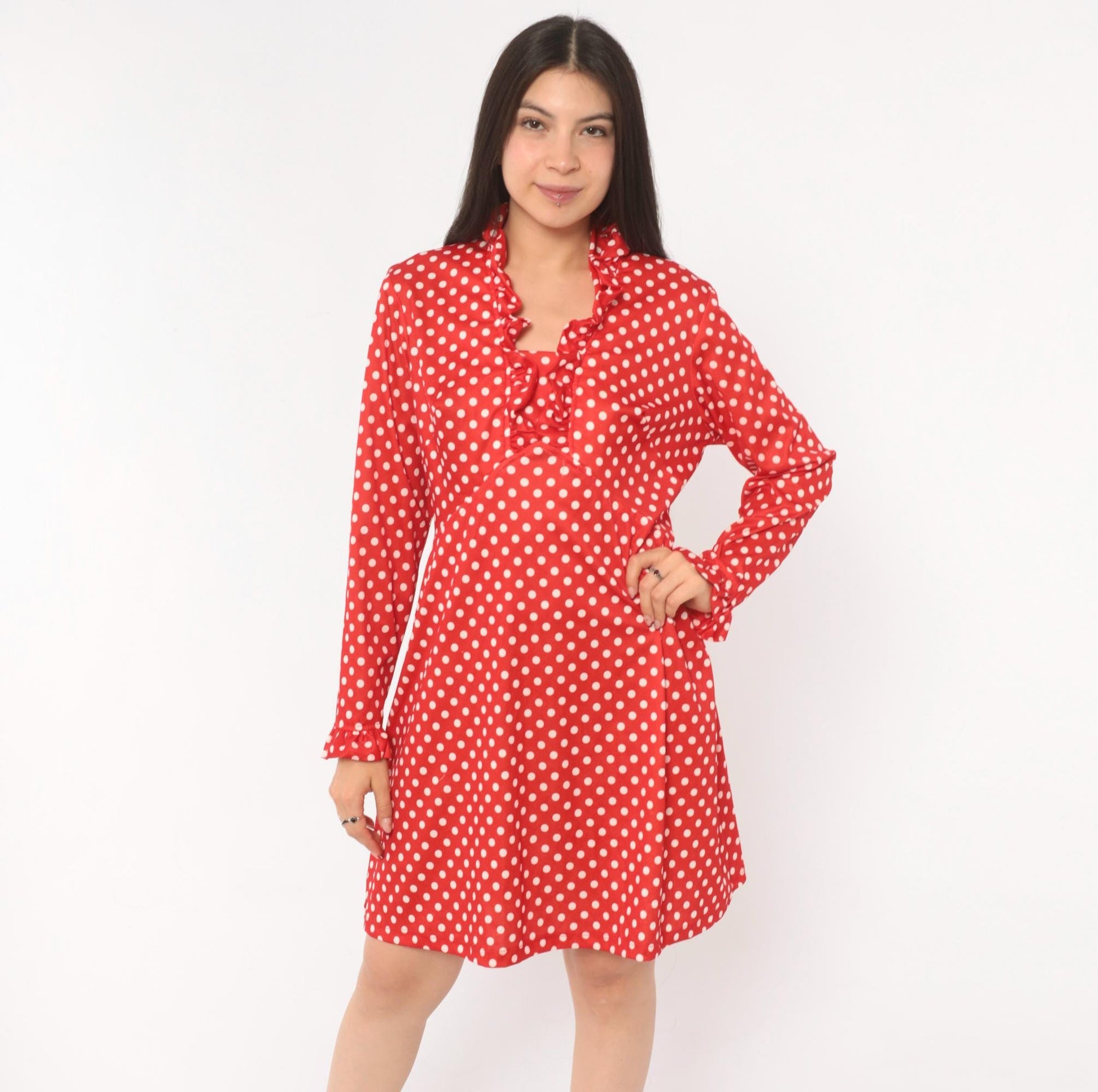 70s Red White Polka Dot Dress Long Sleeve V Neck Ruffle A Line Large