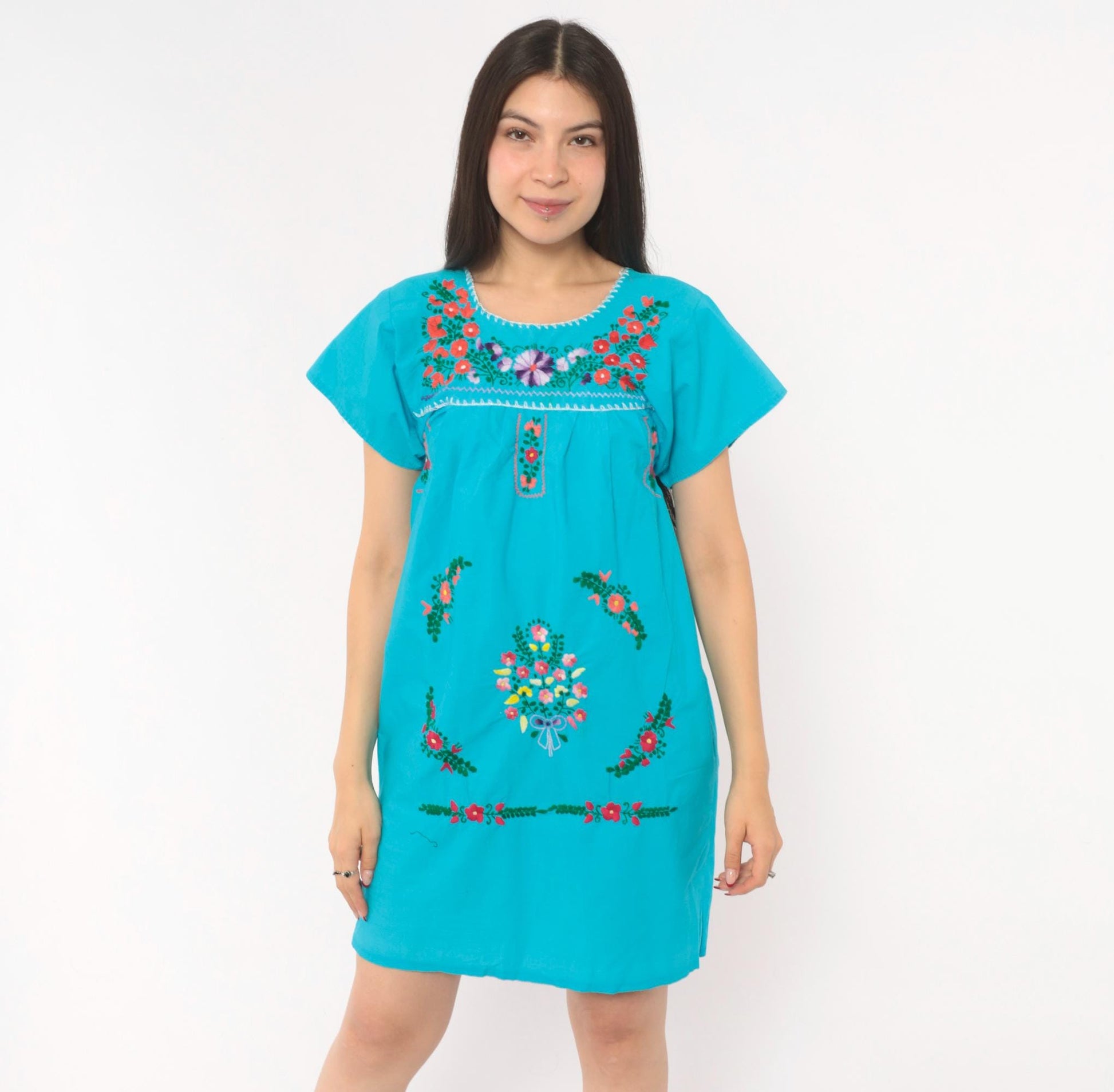 1970s Mexican Puebla Embroidered Cotton Dress Turquoise Floral Mini Extra Small