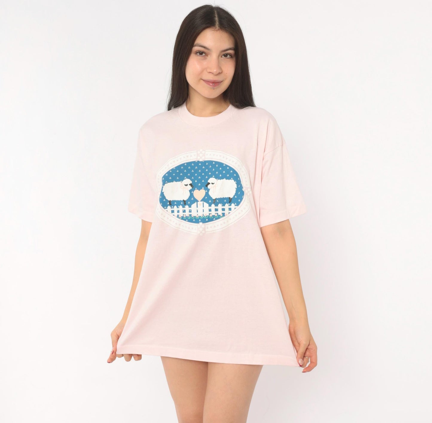 90s Screen Stars Sheep Heart Graphic Tee Pink Cotton Blush Print Extra Large XL