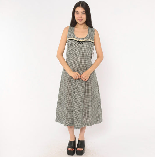 60s Black White Gingham Midi Dress Empire Waist Lace Trim Cotton Large L