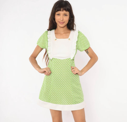 70s Green White Diamond Mini Dress Puff Sleeve Square Neck Ruffled Bib Extra Small