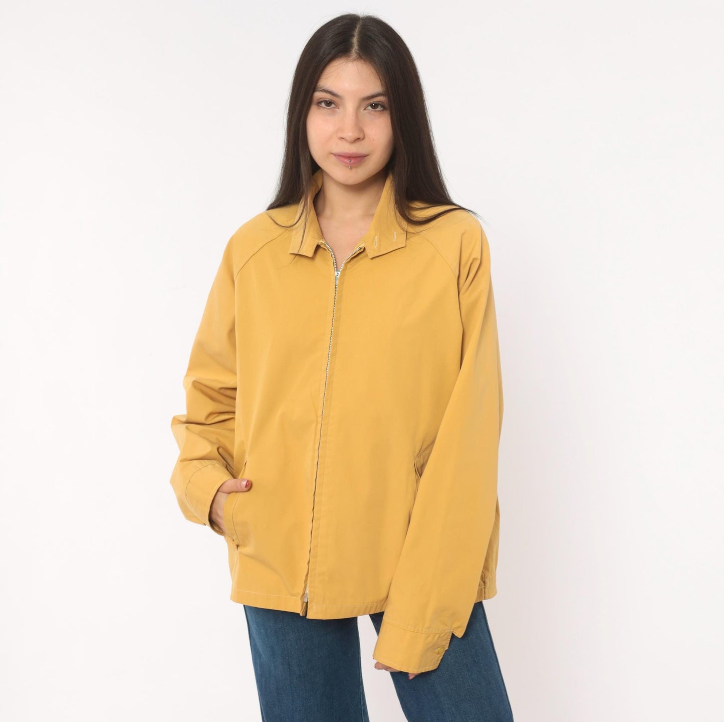 80s Mustard Harrington Jacket Zip Front Cotton Windbreaker Unisex Medium